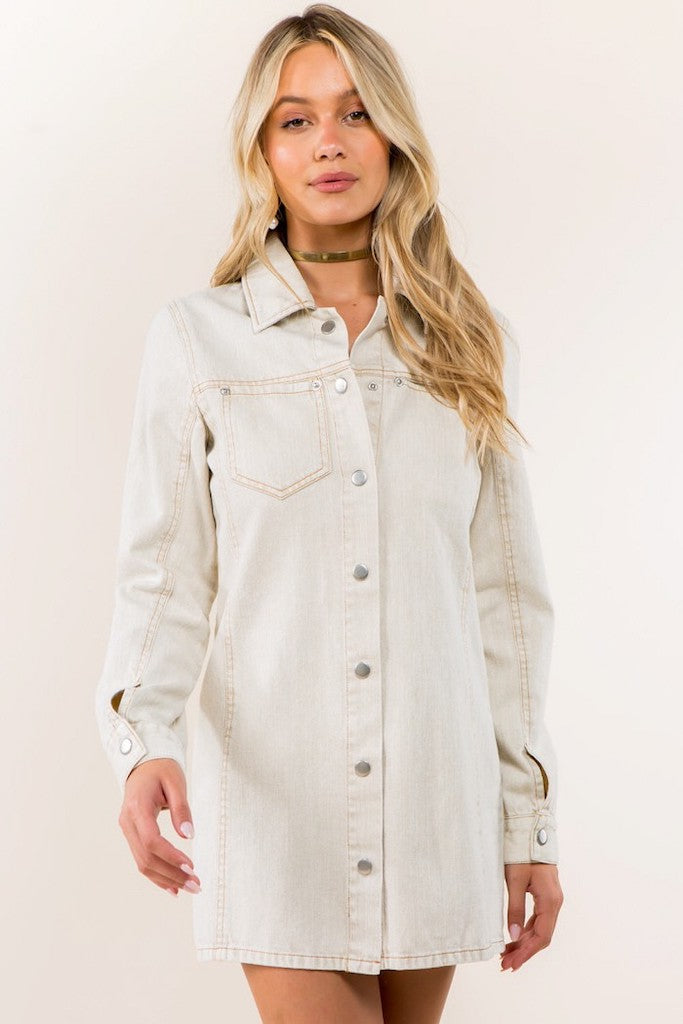 Beige long sleeve denim dress