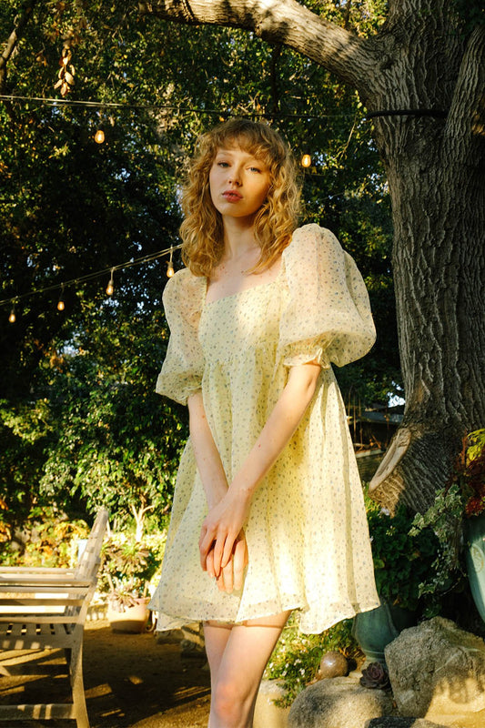 yellow whimsical puff sleeve dress