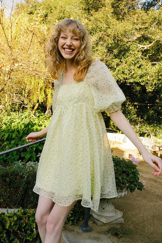yellow whimsical puff sleeve dress
