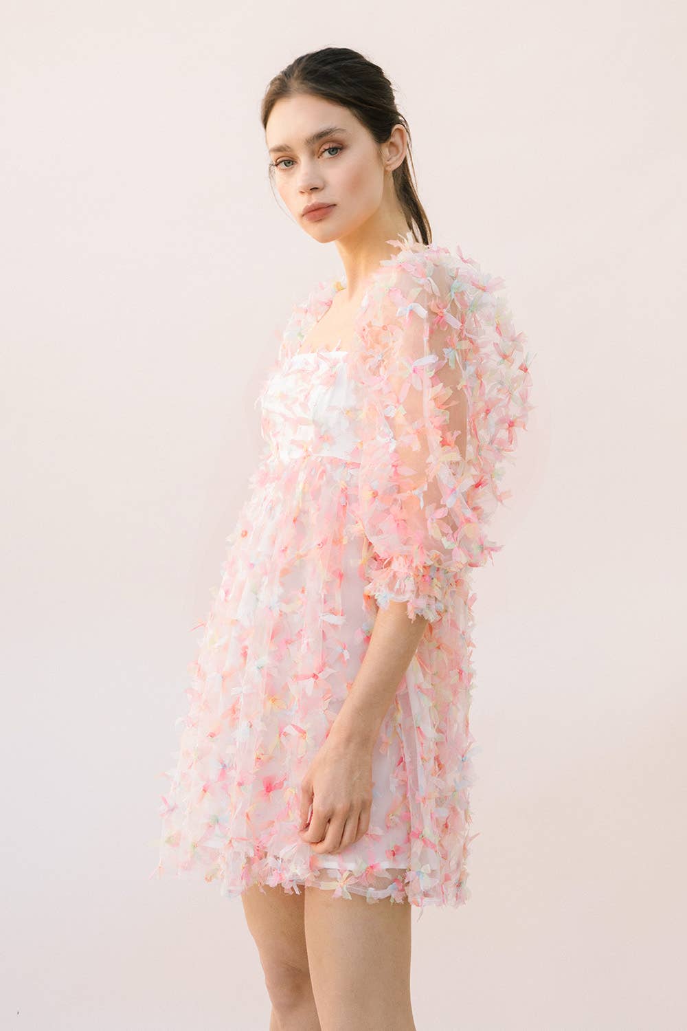 flower tulle dress with puff sleeves