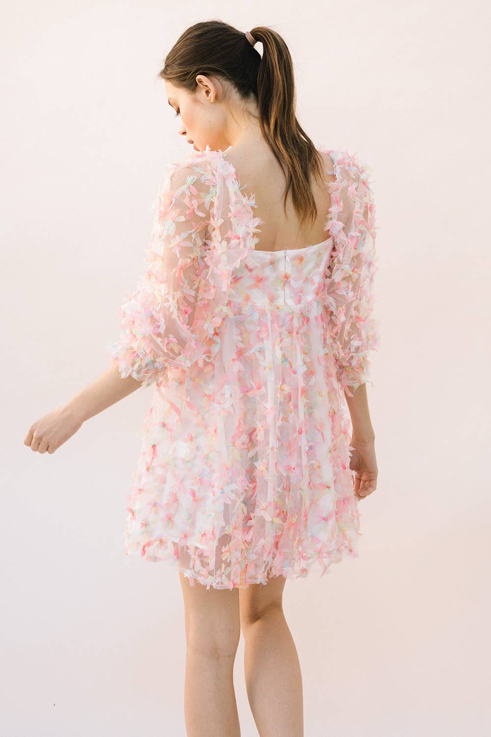flower tulle dress with puff sleeves