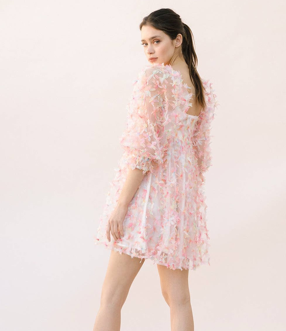 flower tulle dress with puff sleeves