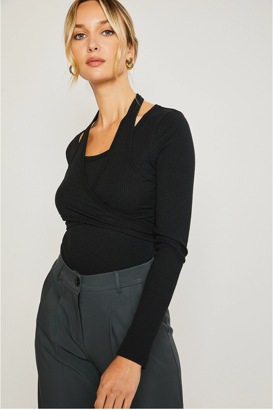 Long Sleeve Layered Top black with halter