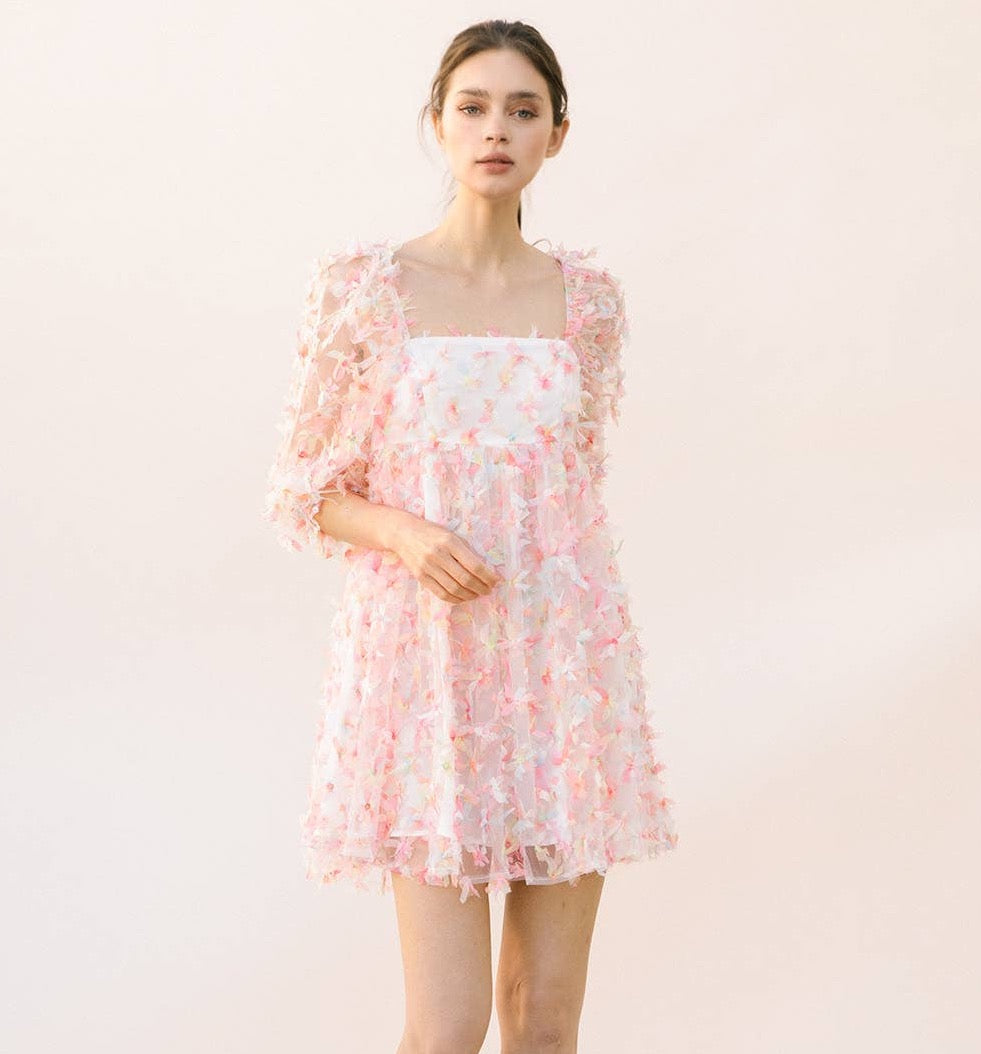 flower tulle dress with puff sleeves