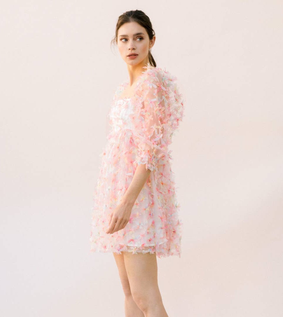 flower tulle dress with puff sleeves