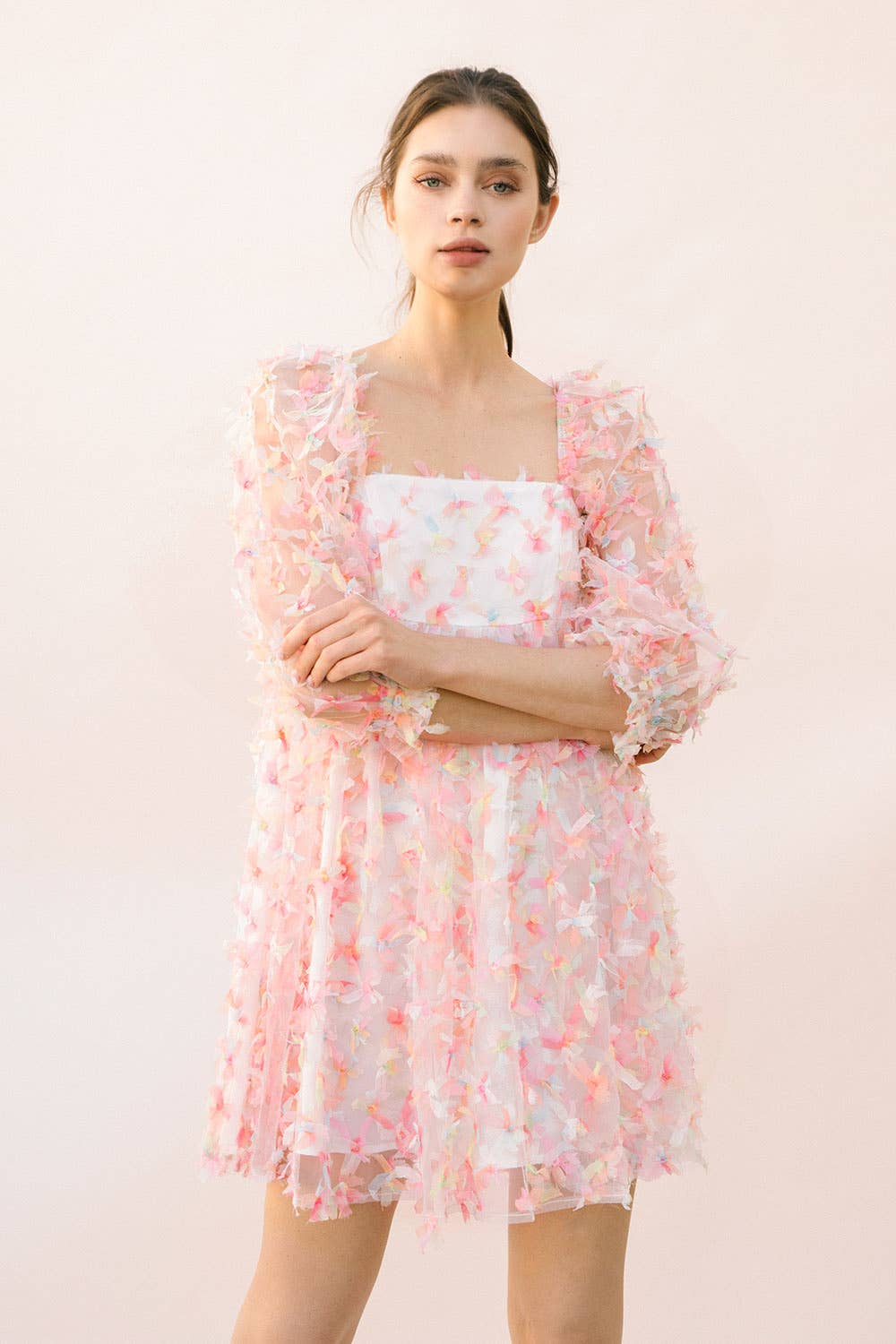 flower tulle dress with puff sleeves