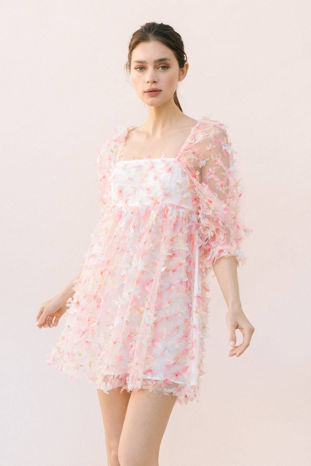 flower tulle dress with puff sleeves